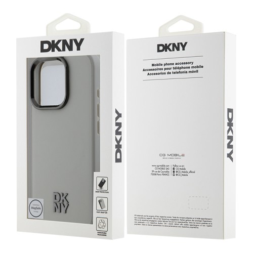 DKNY для iPhone 16 Pro чехол PU Plain leather Stack Metal logo Hard Grey (MagSafe)
