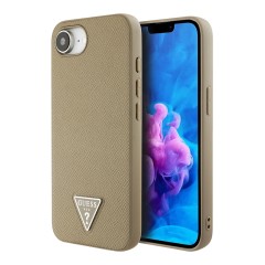 Guess для iPhone 16e чехол PU Grained leather Triangle metal logo Brown (MagSafe)
