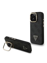 Guess для iPhone 15 Pro Max чехол PU 4G Triangle metal logo and Camera Stand Hard Black (MagSafe)