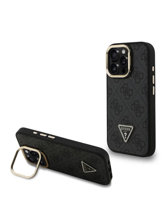 Guess для iPhone 15 Pro Max чехол PU 4G Triangle metal logo and Camera Stand Hard Black (MagSafe)