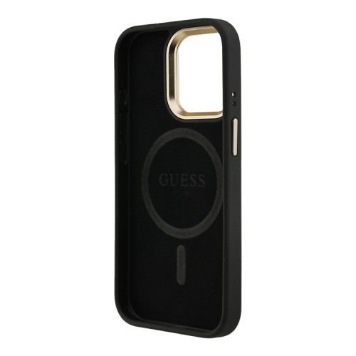 Guess для iPhone 15 Pro Max чехол PU 4G Triangle metal logo and Camera Stand Hard Black (MagSafe)