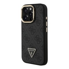 Guess для iPhone 15 Pro Max чехол PU 4G Triangle metal logo and Camera Stand Hard Black (MagSafe)