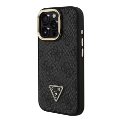 Guess для iPhone 15 Pro Max чехол PU 4G Triangle metal logo and Camera Stand Hard Black (MagSafe)