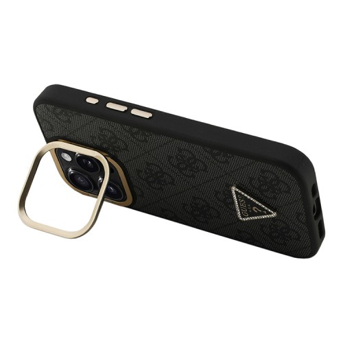 Guess для iPhone 15 Pro Max чехол PU 4G Triangle metal logo and Camera Stand Hard Black (MagSafe)