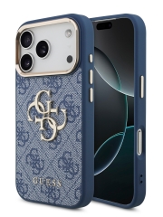 Guess для iPhone 17 Pro чехол PU 4G Big metal logo Gold camera Hard Blue