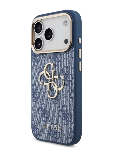 Guess для iPhone 17 Pro чехол PU 4G Big metal logo Gold camera Hard Blue