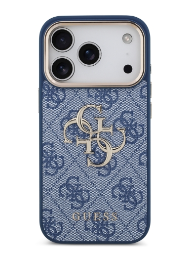 Guess для iPhone 17 Pro чехол PU 4G Big metal logo Gold camera Hard Blue