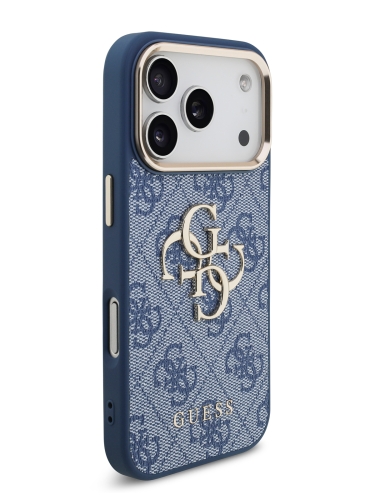 Guess для iPhone 17 Pro чехол PU 4G Big metal logo Gold camera Hard Blue