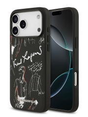Karl Lagerfeld для iPhone 17 Pro Max чехол PU Grained leather Sketch with Metal logo Hard Black (MagSafe)