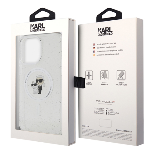 (Уценка) Karl Lagerfeld для iPhone 15 Pro Max чехол PC/TPU NFT Karl & Choupette Hard Glitter Transp (MagSafe)