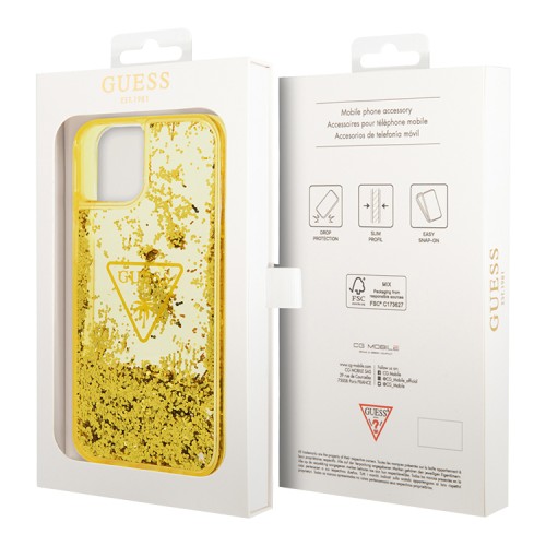 Чехол Guess Liquid glitter Triangle logo Hard Translucent для iPhone 14, желтый