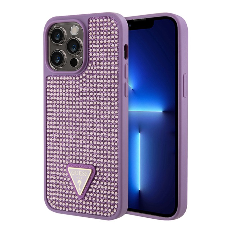 Чехол Guess Diamond Rhinestone Triangle metal logo Hard для iPhone 14 Pro, фиолетовый