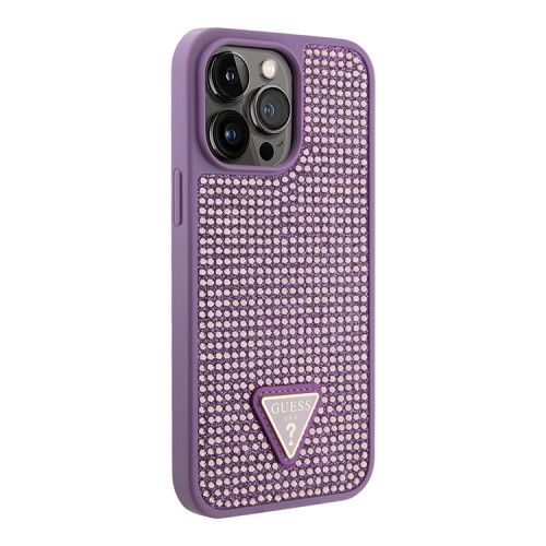 Чехол Guess Diamond Rhinestone Triangle metal logo Hard для iPhone 14 Pro, фиолетовый