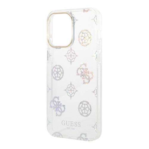 Guess для iPhone 14 Pro чехол PC/TPU Peony glitter Electroplated camera Hard White