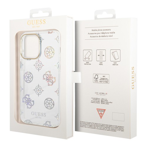 Guess для iPhone 14 Pro чехол PC/TPU Peony glitter Electroplated camera Hard White