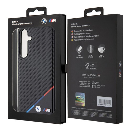 BMW для Galaxy S24+ чехол PU-кожа Carbon Tricolor Metal logo черный (MagSafe)