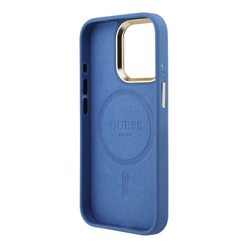 Guess для iPhone 15 Pro Max чехол PU 4G Triangle metal logo and Camera Stand Hard Blue (MagSafe)