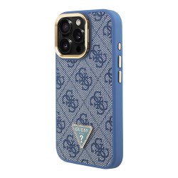 Guess для iPhone 15 Pro Max чехол PU 4G Triangle metal logo and Camera Stand Hard Blue (MagSafe)