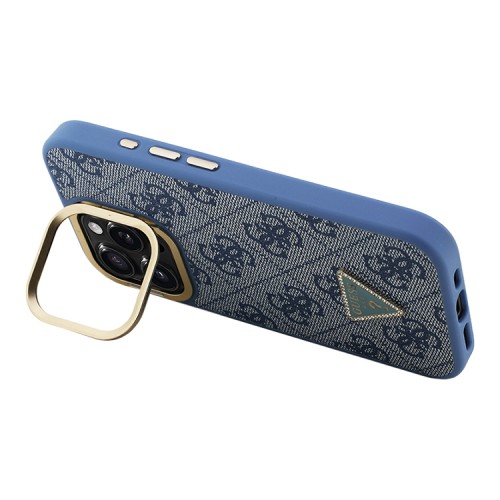 Guess для iPhone 15 Pro Max чехол PU 4G Triangle metal logo and Camera Stand Hard Blue (MagSafe)