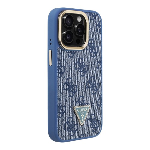 Guess для iPhone 15 Pro Max чехол PU 4G Triangle metal logo and Camera Stand Hard Blue (MagSafe)