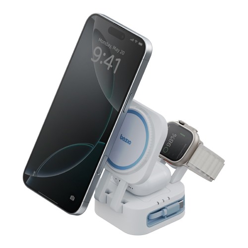 Energea Беспроводное СЗУ Bazic GoMag Station Mini, Fold 3in1 wireless + Retract C cable 15W White