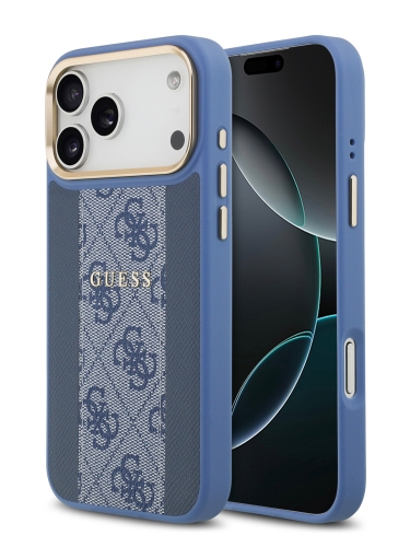 Guess для iPhone 17 Pro Max чехол PU 4G Stripe Classic metal logo Gold camera Hard Blue (MagSafe)