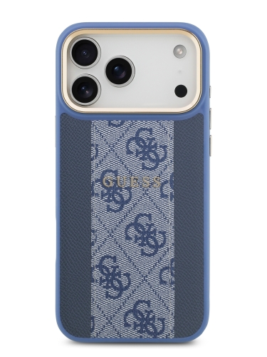 Guess для iPhone 17 Pro Max чехол PU 4G Stripe Classic metal logo Gold camera Hard Blue (MagSafe)