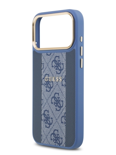 Guess для iPhone 17 Pro Max чехол PU 4G Stripe Classic metal logo Gold camera Hard Blue (MagSafe)