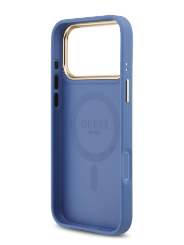 Guess для iPhone 17 Pro Max чехол PU 4G Stripe Classic metal logo Gold camera Hard Blue (MagSafe)