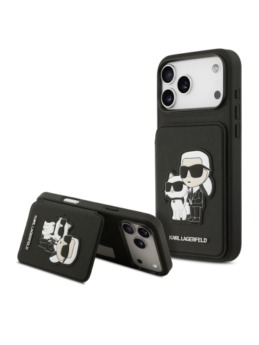 Karl Lagerfeld для iPhone 17 Pro чехол Cardslot Stand PU Saffiano NFT Karl & Choupette Hard Black
