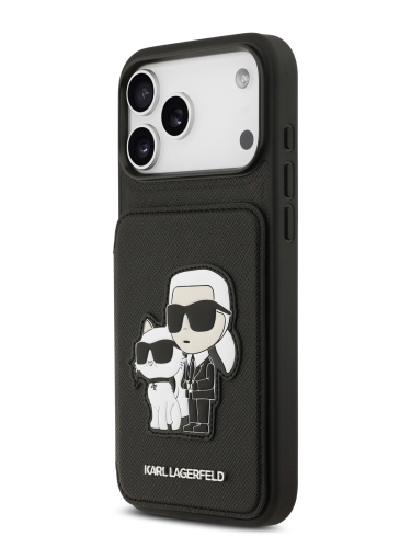 Karl Lagerfeld для iPhone 17 Pro чехол Cardslot Stand PU Saffiano NFT Karl & Choupette Hard Black
