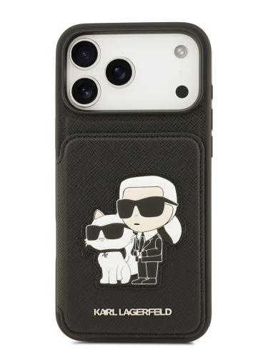 Karl Lagerfeld для iPhone 17 Pro чехол Cardslot Stand PU Saffiano NFT Karl & Choupette Hard Black