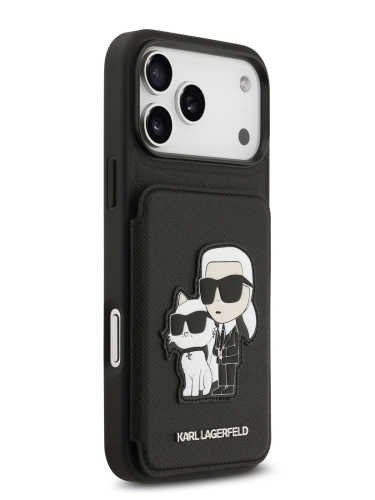 Karl Lagerfeld для iPhone 17 Pro чехол Cardslot Stand PU Saffiano NFT Karl & Choupette Hard Black