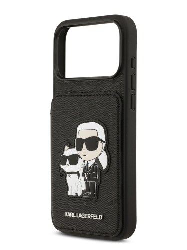Karl Lagerfeld для iPhone 17 Pro чехол Cardslot Stand PU Saffiano NFT Karl & Choupette Hard Black