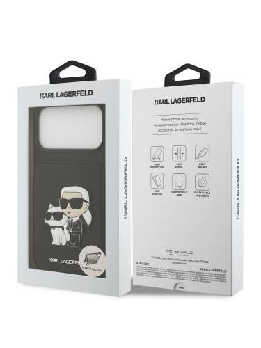 Karl Lagerfeld для iPhone 17 Pro чехол Cardslot Stand PU Saffiano NFT Karl & Choupette Hard Black