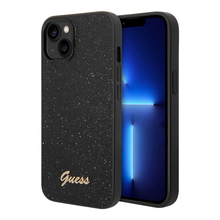 Чехол Guess Glitter flakes w Metal logo Hard для iPhone 14, черный