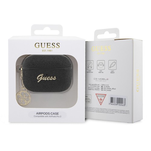 Чехол Guess Glitter flakes Metal logo with Heart charm для Airpods Pro 2, черный