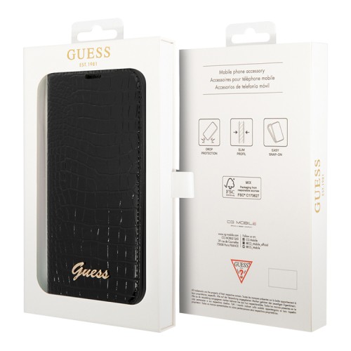 Чехол Guess PU Croco metal logo Booktype для iPhone 14 Pro, черный