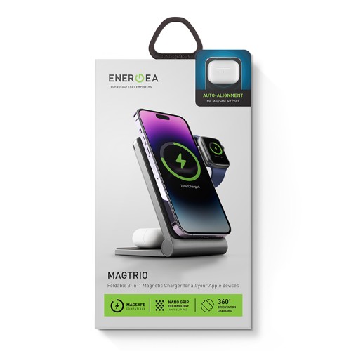 Беспроводная зарядка EnergEA MagTrio 3in1 magnetic wireless foldable charger 15W, серая
