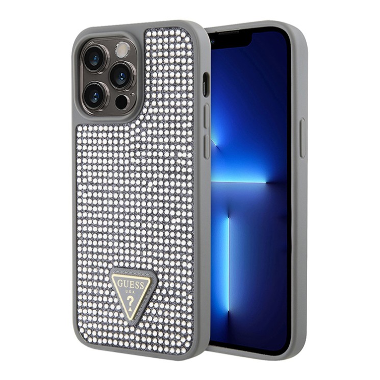 Чехол Guess Diamond Rhinestone Triangle metal logo Hard для iPhone 14 Pro, серебристый