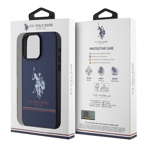 U.S. Polo для iPhone 15 Pro Max чехол PU Double horse logo and Stripes Hard Navy