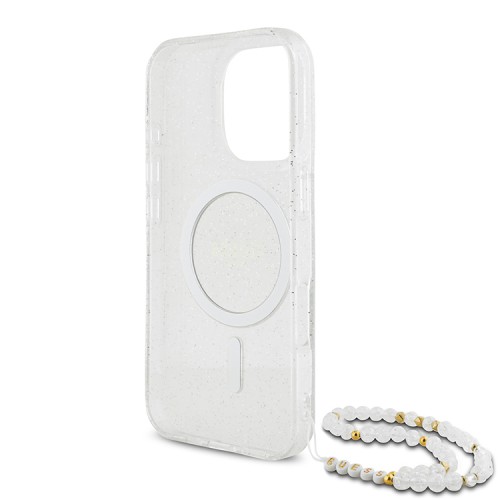 Guess для iPhone 16 Pro чехол PC/TPU Glitter (MagSafe) +ремешок из бисера, прозрачный