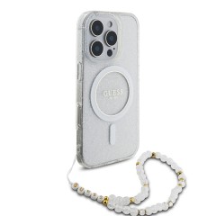 Guess для iPhone 16 Pro чехол PC/TPU Glitter (MagSafe) +ремешок из бисера, прозрачный