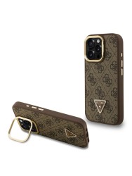 Guess для iPhone 15 Pro Max чехол PU 4G Triangle metal logo and Camera Stand Hard Brown (MagSafe)