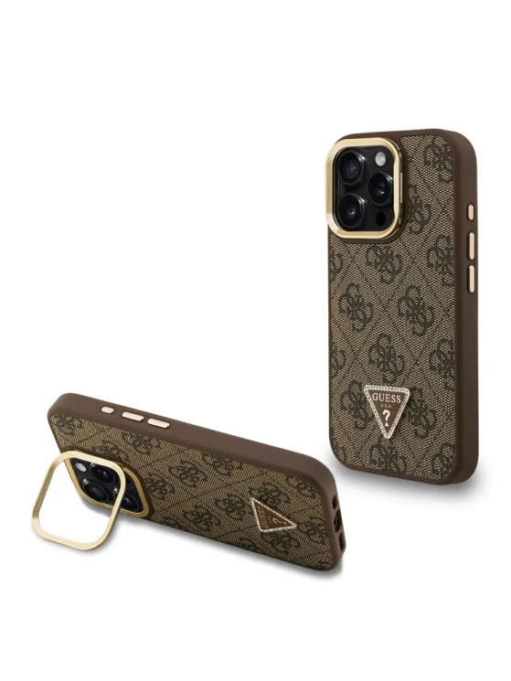 Guess для iPhone 15 Pro Max чехол PU 4G Triangle metal logo and Camera Stand Hard Brown (MagSafe)
