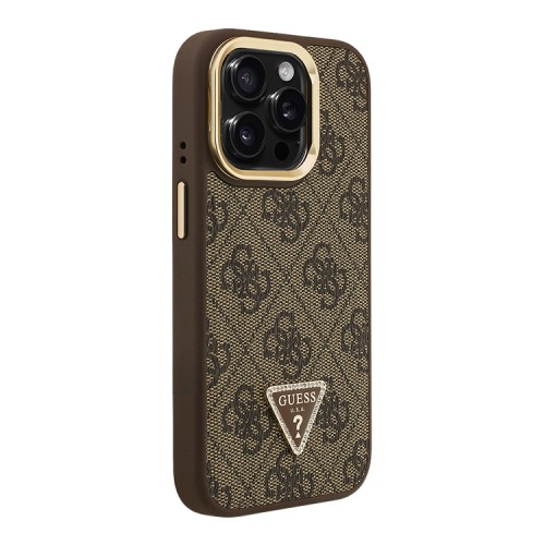 Guess для iPhone 15 Pro Max чехол PU 4G Triangle metal logo and Camera Stand Hard Brown (MagSafe)