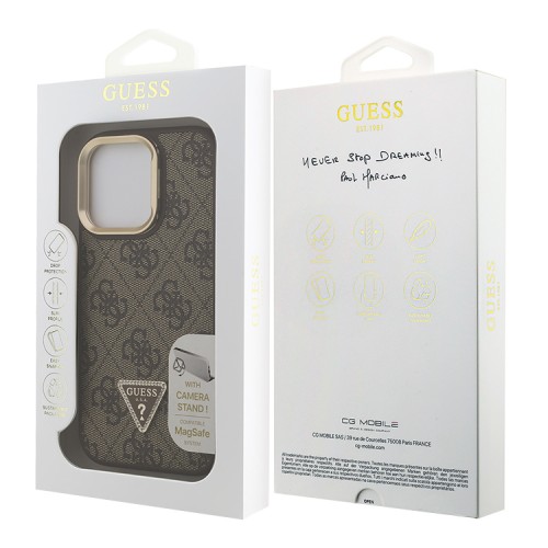 Guess для iPhone 15 Pro Max чехол PU 4G Triangle metal logo and Camera Stand Hard Brown (MagSafe)