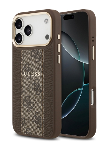 Guess для iPhone 17 Pro Max чехол PU 4G Stripe Classic metal logo Gold camera Hard Brown (MagSafe)