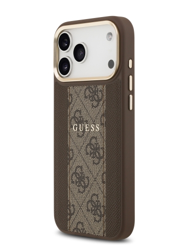 Guess для iPhone 17 Pro Max чехол PU 4G Stripe Classic metal logo Gold camera Hard Brown (MagSafe)