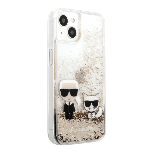 Чехол Lagerfeld Liquid glitter Karl and Choupette Hard для iPhone 13, золотой